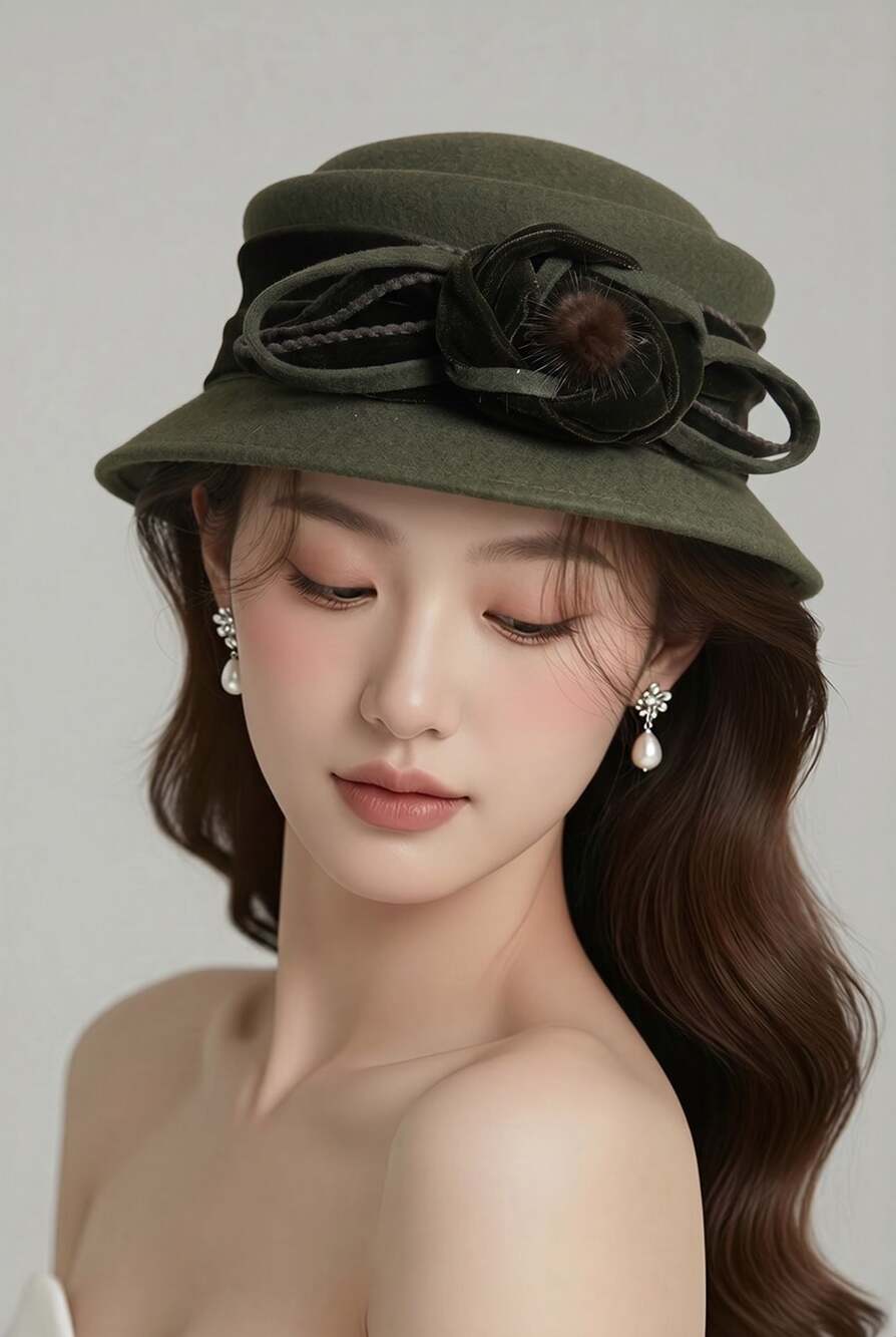 Galliano Sorbatti 100% Wool Felt Vintage Style Cloche Hat with Velvet Flower Det